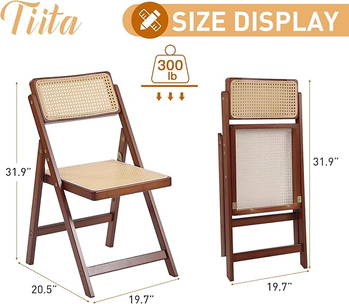 Tiita Rattan Dining Chairs Set of 1, Mid Century Modern Folding Chair, Bamboo Folding Dining Chairs for Small Space, Dining Room, Living Room, Bedroom, Walnut