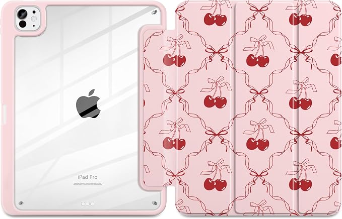 DONGKE for iPad Pro 11-Inch Case (M5 2025 / M4 2024) 6th/5th Generation [Auto Sleep/Wake &amp Pencil Pro Holder] Clear Acrylic Back Smart Trifold Stand Cover Bear &amp Cherry