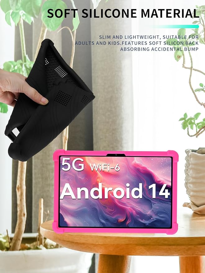 Case for DOMATON D105 Android 14 Tablet 2025 Tablets 10 inch，WUNIAK Shock Proof Lightweight Stand Rubber Shell Protective CoverKids Friendly Soft Silicone Adjustable Stand CoverBlack