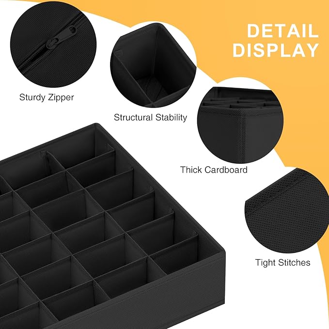 Joyoldelf Sock Drawer Organizer Divider 2 Packs Underwear Organizer, 24 Cell Collapsible Closet Cabinet Organizer Underwear Storage Boxes for Storing Socks, Handkerchiefs, Ties, Belts (Black)