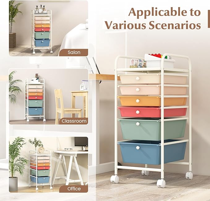 COSTWAY 6-Drawer Rolling Storage Cart, Multifunctional Art Craft Tools Organizer on Wheels, Heavy Duty Utility Mobile Storage Trolley w/ 2 Lockable Wheels for Home Office School, Macaron
