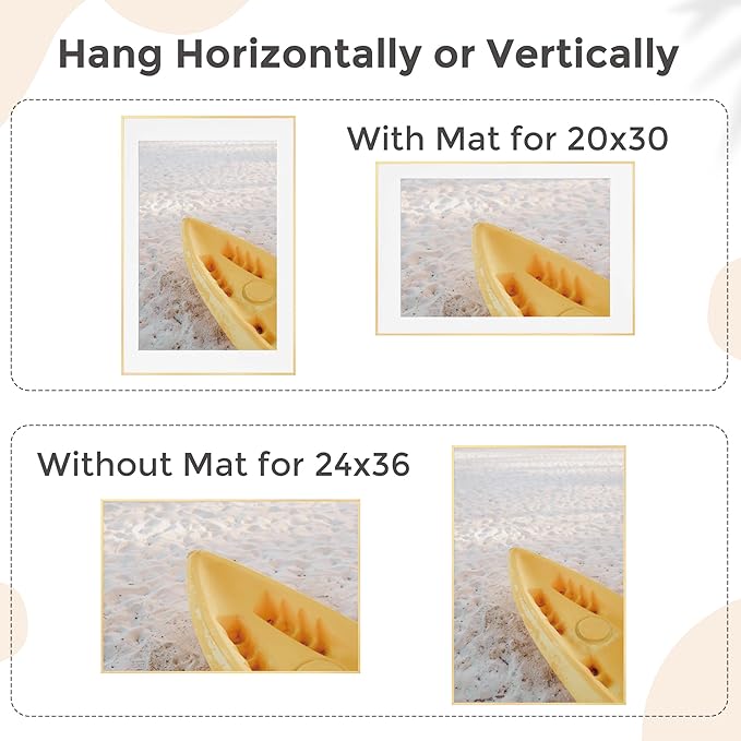 24x36 Metal Picture Frame For Wall With Mat For 20x30, 24''x36'' Aluminum Photo Frames With Tempered Glass For Home Decor, Minimalist Modern Poster Frame Horizontal And Vertical Formats, Gold