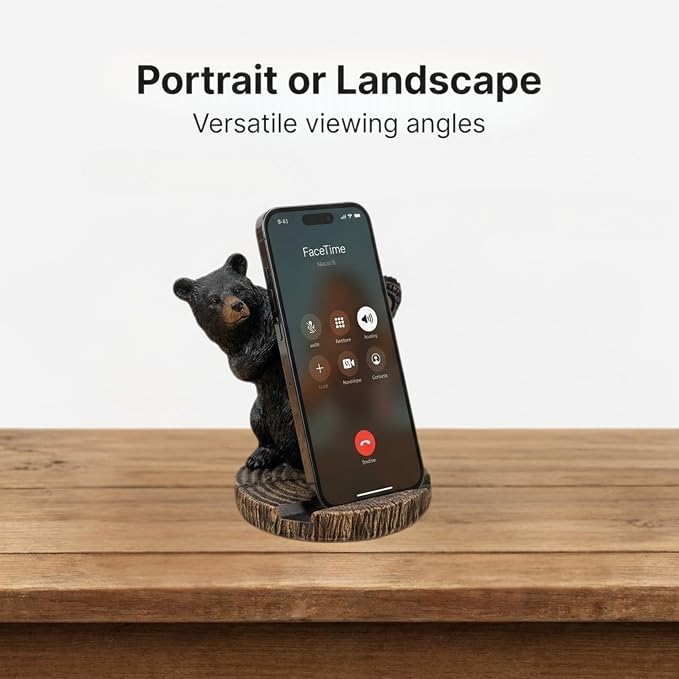 The Bridge Collection 5 Black Bear Cellphone Stand - Phone Holder | Hand-Painted Cute &amp Functional Cell Phone Stand for Cabin Mountain Camping &amp Unique Animal Home Decor