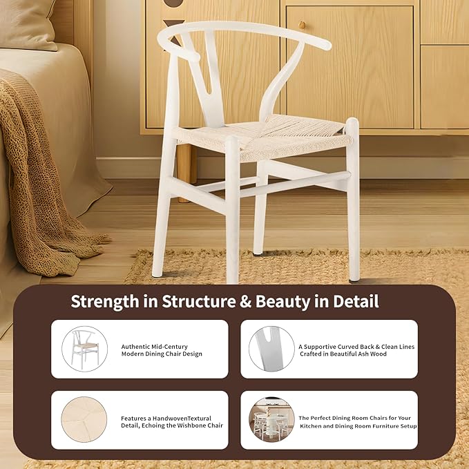 Tomile Wishbone Chair Y Chair, Wooden Dining Chairs Set of 4, Mid Century Modern Chairs with Arms, Solid Wood Weave Seat Kitchen & Dining Room Chairs (Ash Wood - White)