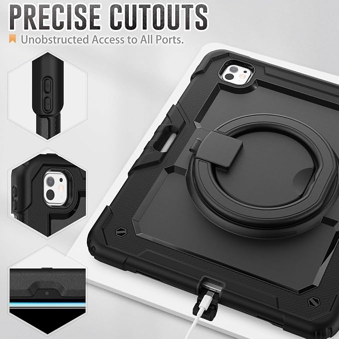 for iPad Pro 11 inch Protective Case M5 2025/M4 2024: Heavy Duty Shockproof Case with Pencil Holder - 360°Rotating Handle/Stand - Screen Protector - Shoulder Strap Black/Sky Blue