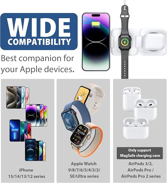 3 in 1 Apple Charging Station for iPhone Airpods iWatch - Travel Charger for Multiple Devices, Portable Foldable Charging Station - Magnetic iPhone Charger with Adaptor&Case (White)