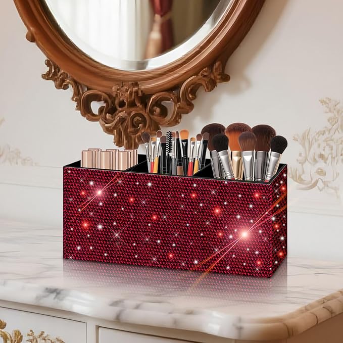 Bling Makeup Brush Holder Organizer, 3 Slot Sparkle Cosmetics Brushes Storage Holders with Shiny Rhinestones, Glitter Cute Pen and Pencil Holder for Desk, Eyeliners Display Case for Vanity (Wine red)
