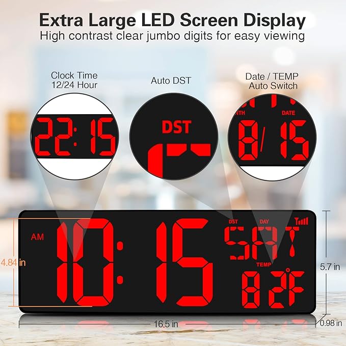 XREXS Large Digital Wall Clock WiFi Sync, 16.5 in Large Display Wall Clock with Temperature/Date/Week, LED Big Digital Timer Clock with Remote Control, Alarm Clock for Home and Office, Auto-dimming