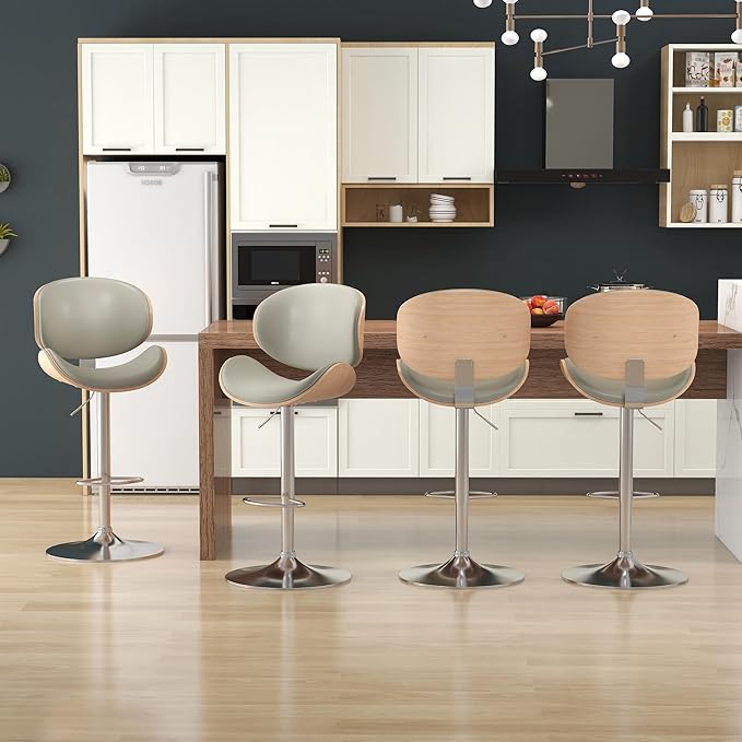 KCC Bar Stools Set of 6, Swivel Adjustable Height Barstools, PU Leather Upholstered Bar Chairs with Footrest, Bentwood Bar Stool for Kitchen, Bar, Dining Room(Grey PU)
