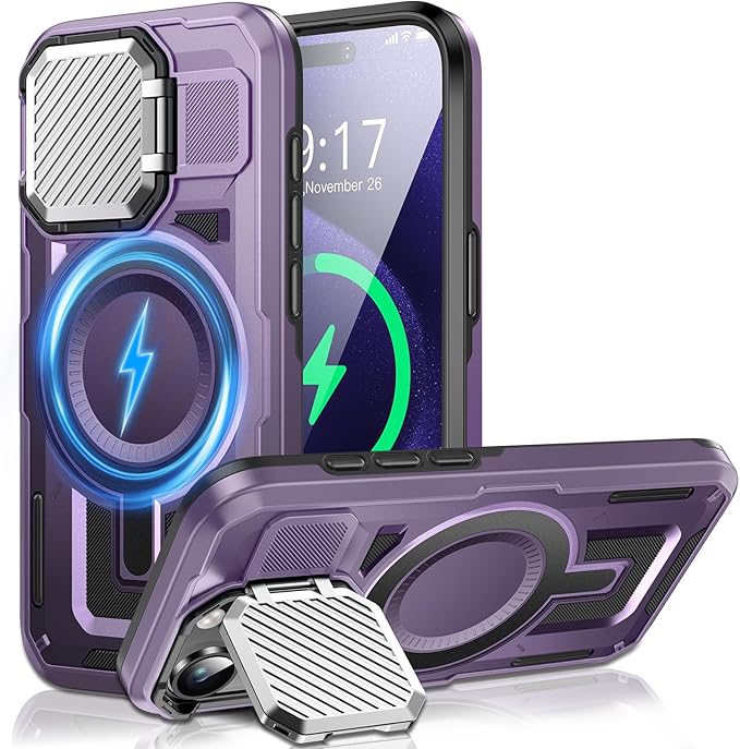 Camera Stand Case for iPhone 15 Pro Max, [Compatible with Mag Safe] [Lens Cover] 2024 Version Military Grade Protective Soft Case for iPhone 15 Pro Max 6.7 inch Men Women, Purple