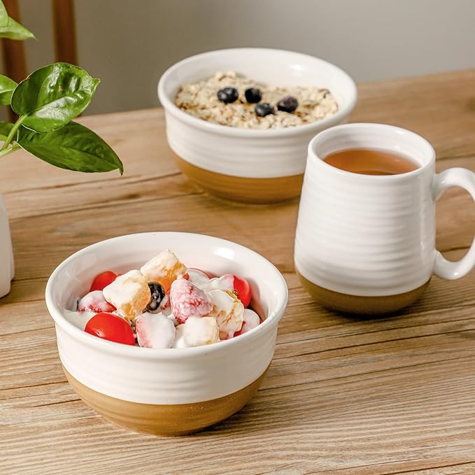 Hasense Ceramic White Colorblocked Design Bowls - 20 OZ Stackable Set of 6, Dishwasher and Microwave Safe for Pasta, Oatmeal, Rice, Ice Cream