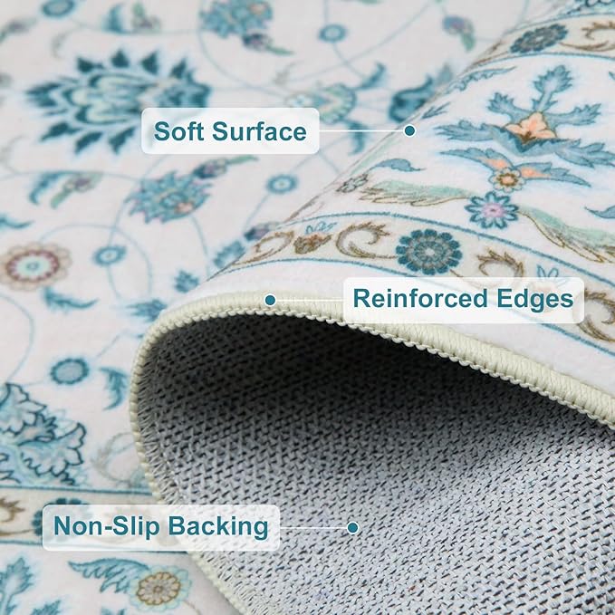 WILLSUN Washable Area Rugs, 9x12 Non-Slip Boho Large Area Rugs for Living Room, Bedroom, Machine Washable Vintage Rug, Indoor Floral Print Carpet for Home Decor, Kid & Pet Friendly Mat