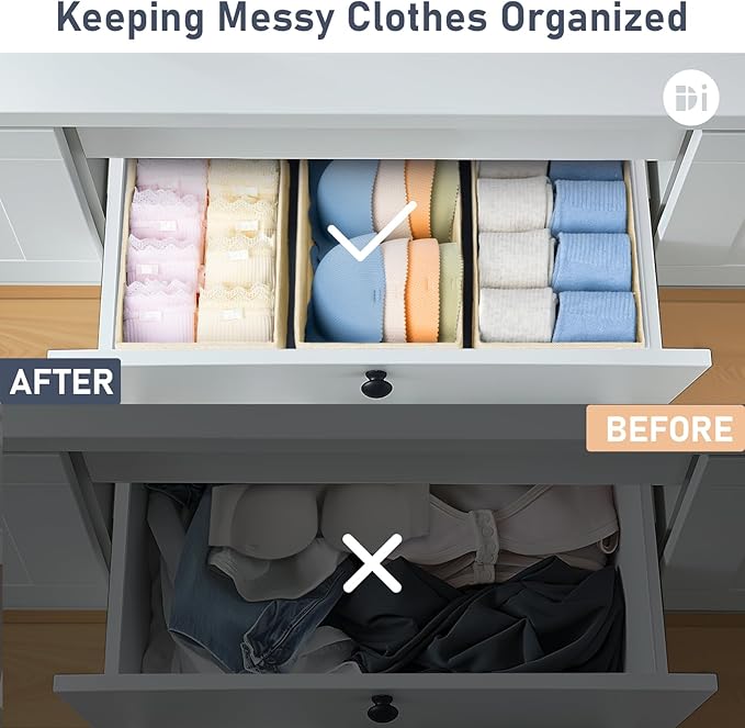 DIMJ Drawer Organizer - Small Clothes Organizer Set of 3, Drawer Dividers for Baby Clothes, Underwear, Socks, Bra, Belt, Tie - Beige