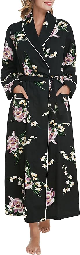 Lavenderi Women’s 100% Cotton Long Kimono Lounge Bathrobe Robe, Ladies Loungewear for Spa