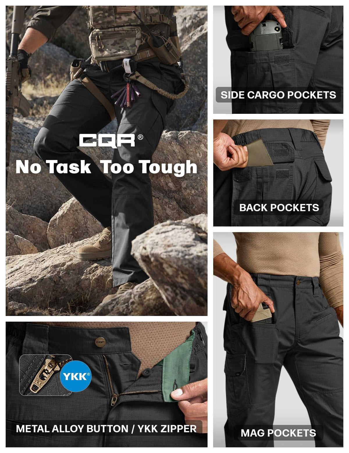 CQR Men's Tactical Pants, Water Resistant Ripstop Cargo Pants, Lightweight EDC Work Hiking Pants, Outdoor Apparel, Raider Black, 34W x 30L