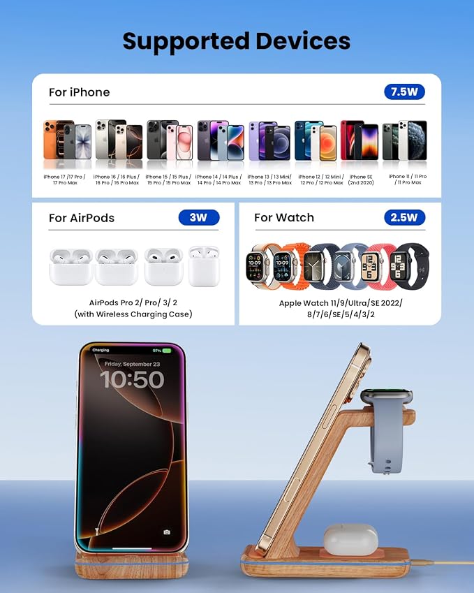Wireless Charger Stand CIYOYO 3 in 1 Fast Wireless Charging Station Dock for Apple Watch 11/9/8/7/6/SE/5/4/3/2 Airpods 3/2/Pro iPhone 17/16/15/14/14 Plus/14 Pro Max/13/13 Pro/12/12 Pro/SE/X/XR/XS/8