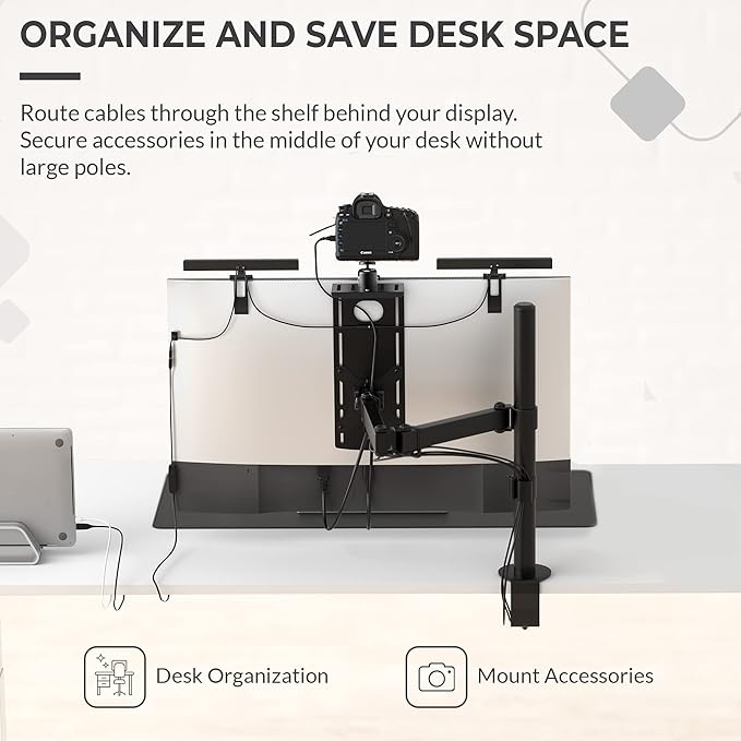 HumanCentric DSLR Monitor Mount Small, Desk Camera Mounting, Light Webcam, Microphone Shelf for Monitor VESA Arm, Replace Clamp Tripods, 100x100mm Patterns, Aluminum, Hardware Included