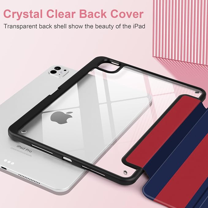 Case for iPad Pro 11 inch M5 2025 /M4 2024 Blue Ribbon Stripe | Blue Ribbon Stripe Folio Case with Clear Back Pencil Holder Trifold Stand and Auto Sleep/Wake for Preppy Aesthetic Users