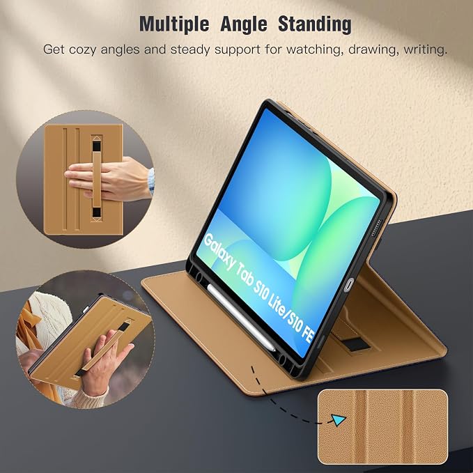 MoKo Case for Samsug Galaxy Tab S10 Lite/ S10 FE/ S9 FE/ S9 10.9/11 Inch | Built-in S Pen Holder Case for Samsung Tablet (2025/2023) PU Leather Hand Strap &amp Front Pocket Blue &amp Brown