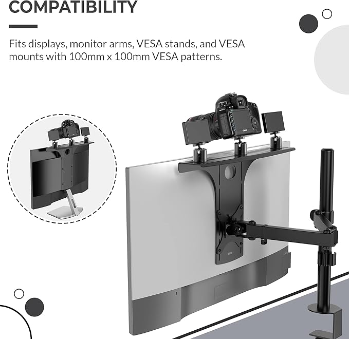 HumanCentric DSLR Monitor Mount Large, Desk Camera Mounting, Light Webcam, Microphone Shelf for Monitor VESA Arm, Replace Clamp Tripods, 100x100mm Patterns, Aluminum, Hardware Included