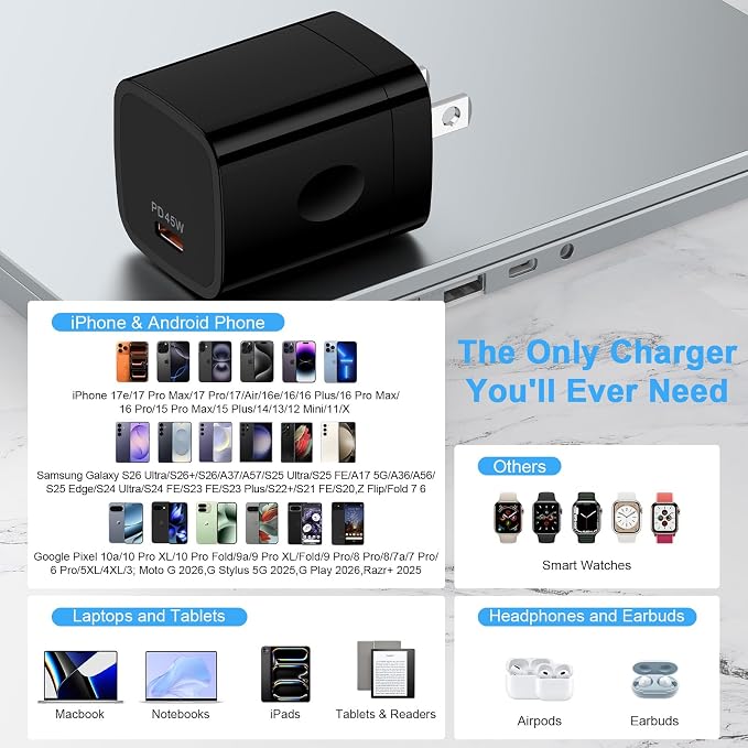 45W Super Fast Charger for Moto Edge 2026 Razr+2026 Edge 70 Pro+ Razr Ultra 2026 Razr 70 Ultra G Stylus 2026Samsung Galaxy A37/S26Ultra/A36/S25USB Type C Fast Charging Block with 6FT USBC to C Cable