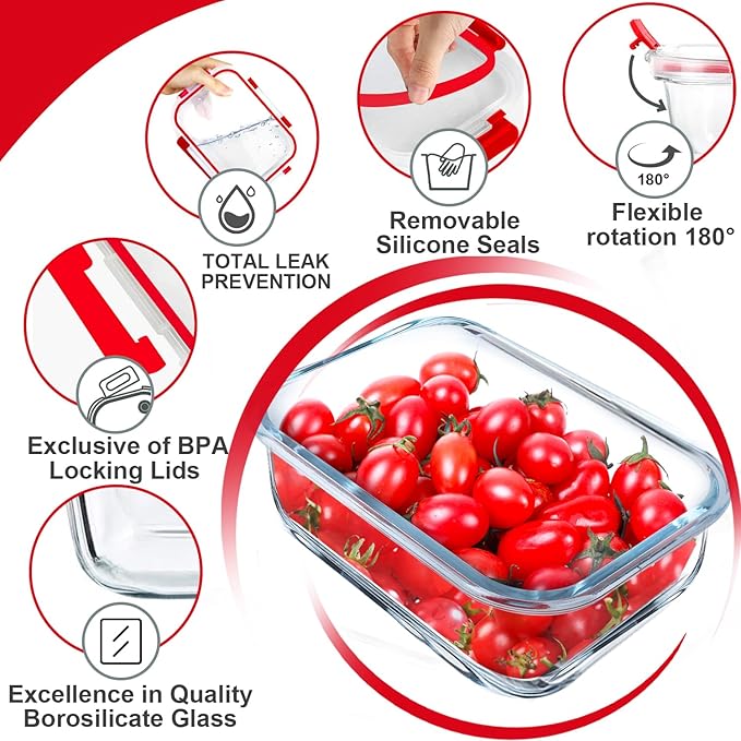 VERONES 5 Pack 36 OZ Glass Meal Prep Containers, Airtight Glass Lunch Containers Set, Glass Food Storage Containers with Lids,Exclusive of BPA, for Microwave, Oven, Freezer & Dishwasher Friendly,Red
