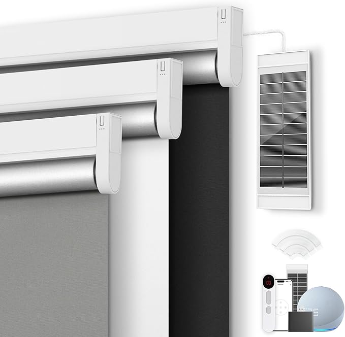 Motorized Blackout Smart Roller Blinds with Remote Control & Solar Panel - Automatic Electric Shades for Windows, Compatible with Alexa - White,34½"W*72" H