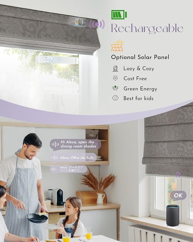 Graywind Smart Roman Shades Compatible with Alexa Google Rechargeable Motorized Blind with Remote Light Filtering Roman Window Shades Plain Fold Soft for Doors Bedroom, Custom Size (Floral Grey Brown)