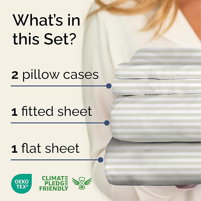Striped Sheets - Grey Striped Sheets - 1 Flat & 1 Fitted & 2 Pillowcases w/ Deep Pockets – Comfy, Wrinkle & Fade Free - Ultra-Soft, Breathable & Cooling – Luxury Pinstripe Bedding - Full Size Bed Set