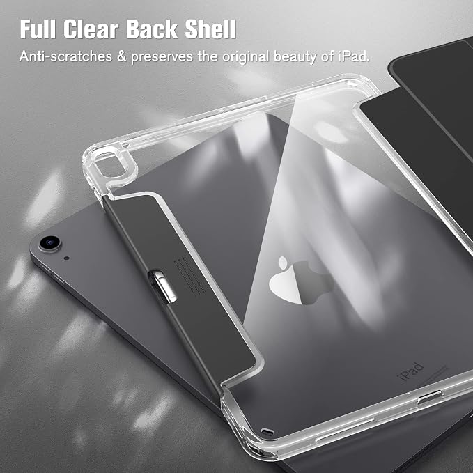 Fintie Clear Case for iPad Air 11-inch &amp iPad Air 5th/4th Generation 10.9 | Tri-Fold Stand Retractable Pencil Holder Viewing &amp Typing Angles Slim Transparent Hard PC Back Cover Black