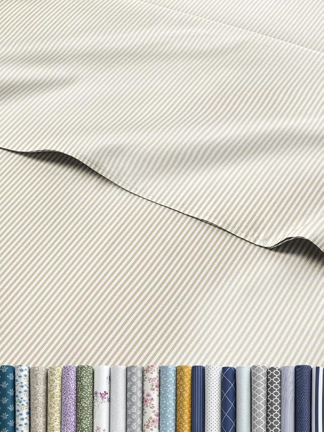 Biege Striped Sheets - Cream Bed Sheet Set - 1 Flat & 1 Fitted & 1 Pillowcase w/ Deep Pockets - Cozy, Wrinkle & Fade Resistant - Soft, Breathable, Cooling - Luxury Pinstripe Bedding - Twin Size
