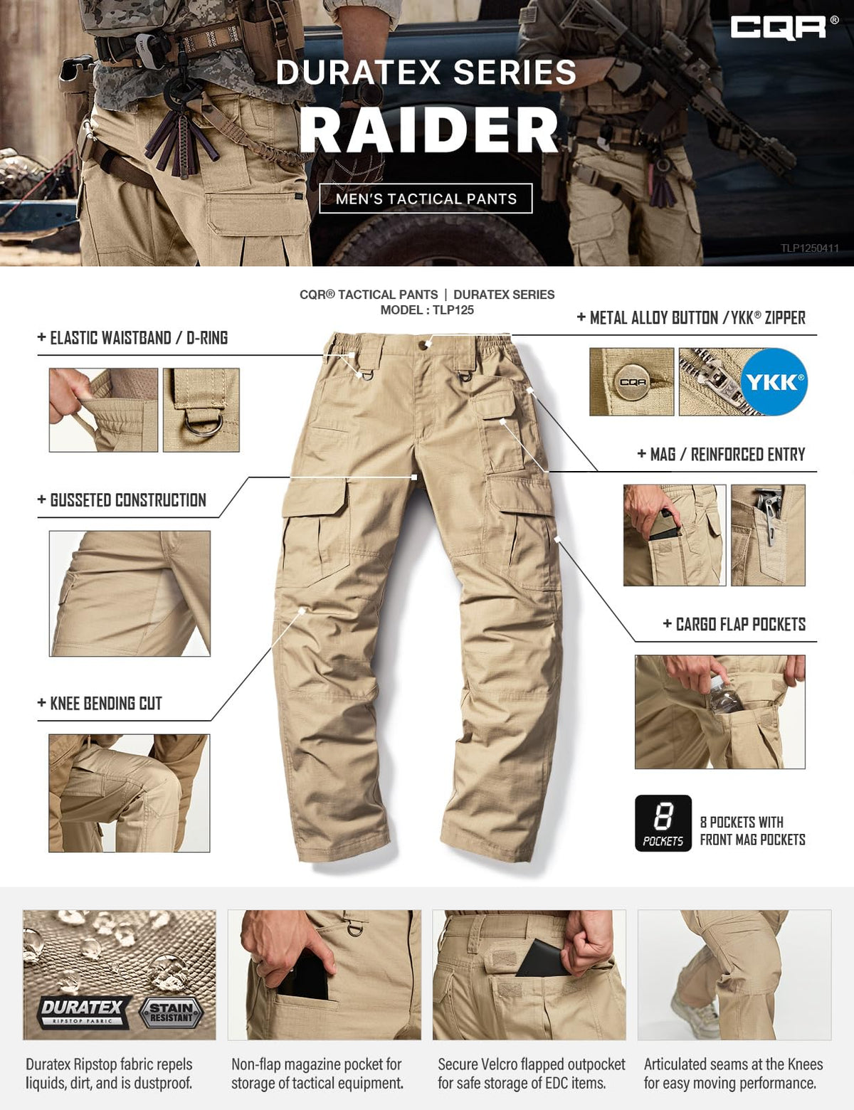 CQR Men's Tactical Pants, Water Resistant Ripstop Cargo Pants, Lightweight EDC Work Hiking Pants, Outdoor Apparel, Duratex Mag Pocket Khaki, 38W x 34L
