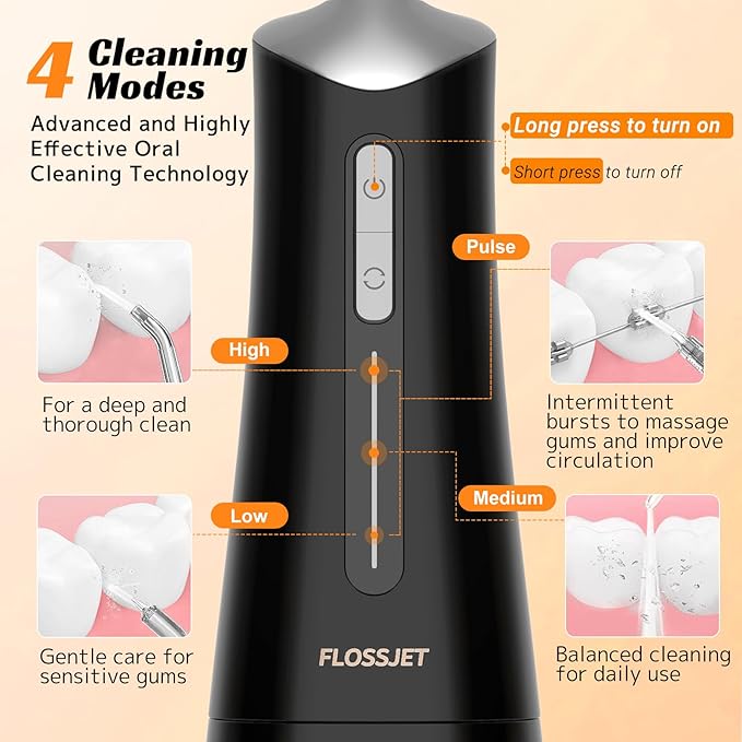 FlossJet Water Dental Flosser Cordless Oral Irrigator with 300ml 5 Tips 4 Modes USBCharger Portable Travle Irrigation Cleaner IPX7 Electric Irrigador Dental for Teeth Cleaning (Black)