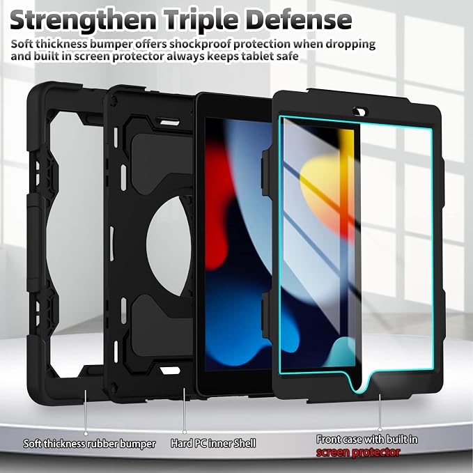 for iPad 9th 8th 7th Generation Case(iPad 10.2 inch) for Kids | 15ft Drop Protection Rugged with 360 Kickstand Handle Shoulder Strap，HD Screen Protector，Shockproof (2021/2020/2019 Release)