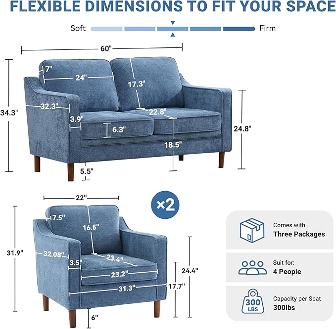 Kingfun Living Room Furniture Sets, 2 Armchair and Loveseat, Mid Century Modern Sofa Set, Chenille Couch with Solid Wood Frame for Living Room & Bedroom, Light Blue