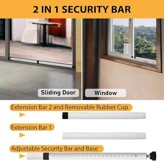 PBHEPJ Sliding Door Security Bar, 18.5-51 inch Adjustable Patio Door Security bar with Rubber Tips, Multi-use Window Security Bars, Sliding Door Stopper, White, 2 Pack