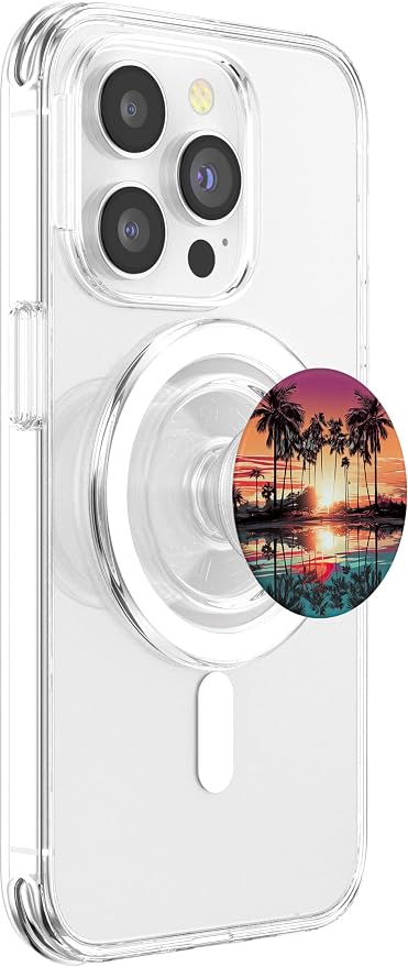 Palm Tree on The Beach at Sunset Tropical Illustration PopSockets Adhesive PopGrip