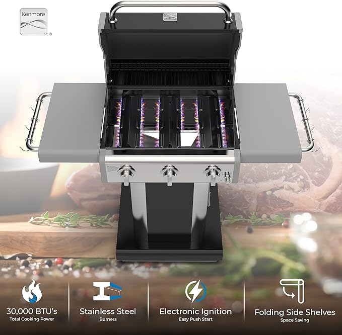 Kenmore 3-Burner Propane BBQ Grill, 30,000 BTUs Gas Grill with Cast Iron Cooking Grates, Folding Side Tables & Wheels, Outdoor Grill with Tool Hooks, Black