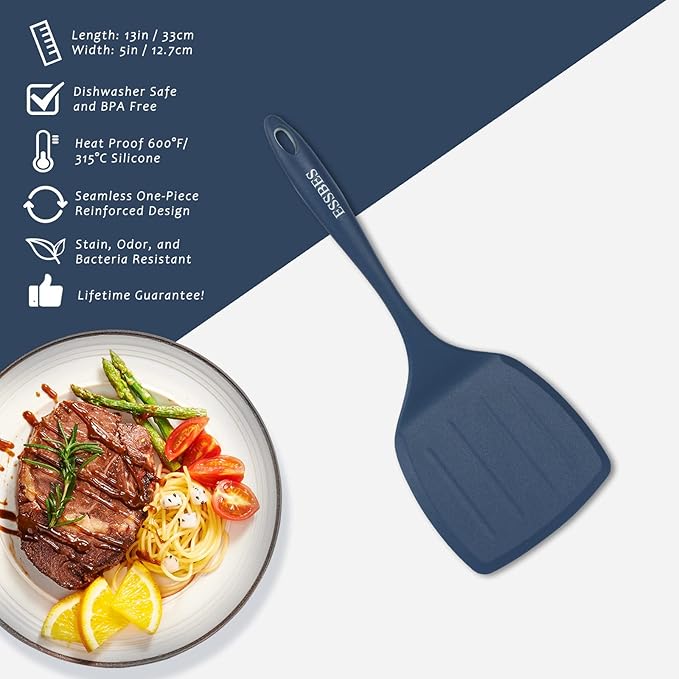 ESSBES Extra Large Silicone Turner - 600F Heat Resistant Nonstick Flexible Kitchen Spatula, BPA Free Dishwasher Safe Utensils, Nonslip Grips One Piece Cookware Suitable for Cooking Baking (Blue)