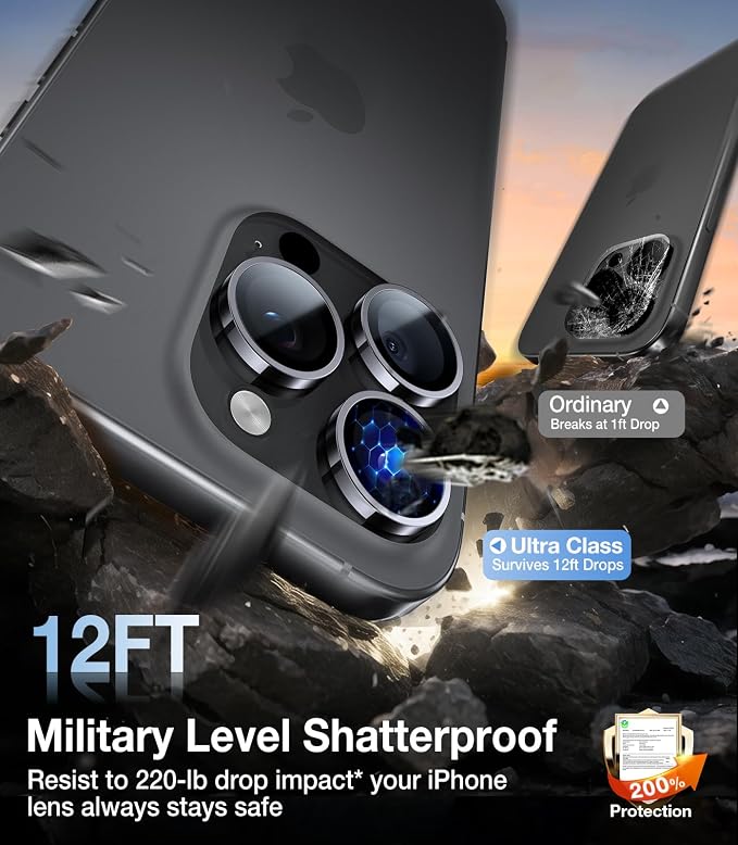 UltraGlass for iPhone 16 Pro Max/16 Pro Camera Lens Protector [NO.1 Military Grade Shatterproof] iPhone 16 Pro Max Camera Protector 16 Pro Lens Cover [Longest Durable] Easy Install Black Titanium