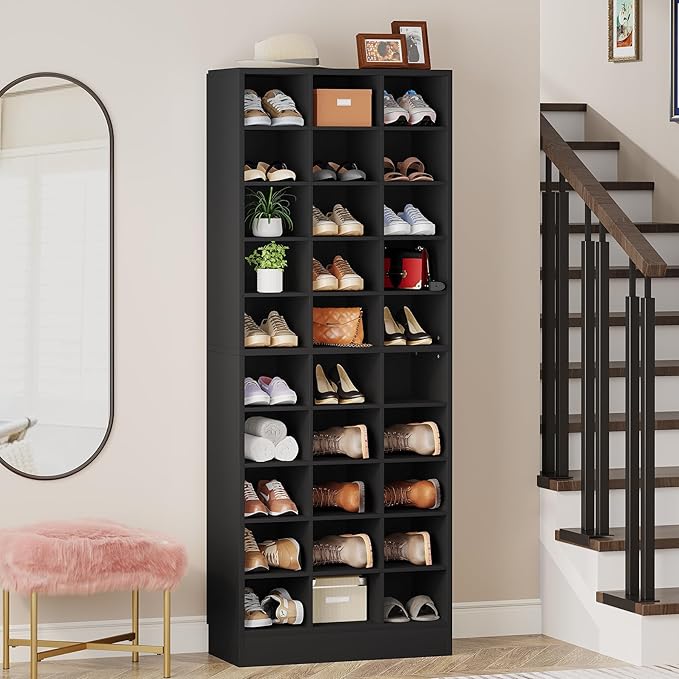 Tribesigns 10-Tier Shoe Storage Cabinet, Black Wooden Shoe Rack with 30 Cubbies, Freestanding Tall Entryway Shoe Organizer for Closet, Entryway, Living Room