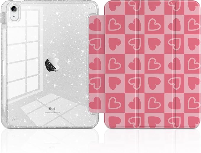 MEEgoodo Case for iPad A16 11th Generation 2025/10th Generation 2022 Glitter Tablet Cases with Transparent Acrylic Back+Trifold Stand +Pencil Holder+Auto Wake/SleepAbstract Sun &amp Palm Tree