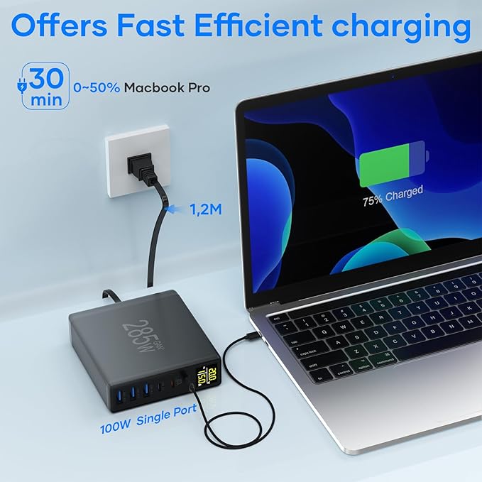 YSYFAD 6 Port USB C Charging Station with Digital LCD Display - GaN Fast 100W USB C Charger for MacBook Laptops, iPad, iPhone, Samsung - Black