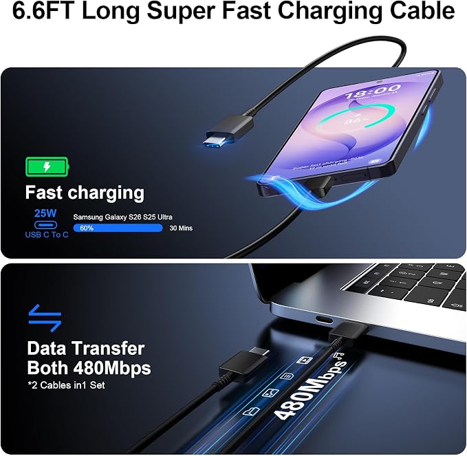 Super Fast Charger Type C 25W USB C Wall Charger Fast Charging for Samsung Galaxy S26 Ultra/S26/S26+/S25 Ultra/S25/24 Ultra/S24/S23 Ultra/S22 Ultra with 10FT Long Android Type C Charger Cable 2Pack