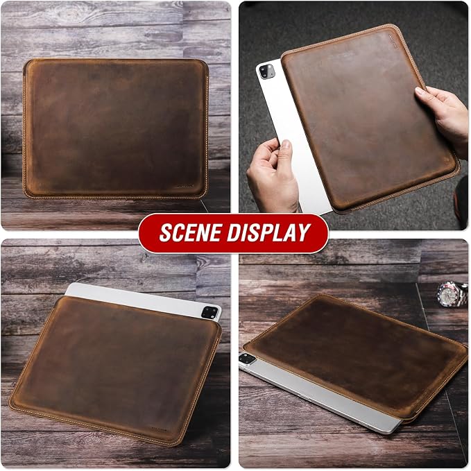 Top Grain Leather 12.9 Tablet Sleeve Slim Protector Vintage Design Fully Handmade Compatible with 12.9 iPad Pro 3/4/5/6 Gen Fits A2233 A2069 A2378 A2379 A2461 A2462 Coffee 12.9 Inch