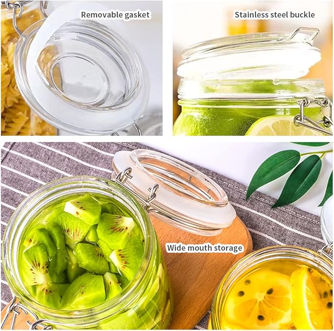 32oz Glass Food Storage Jars with Airtight Clamp Lids,Set of 4 Airtight Glass Canister Square- Clear Storage Container for Kitchen Container Storing Sugar, Flour, Cereal,Coffee,Spice…