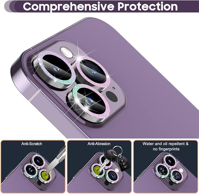 Suoman for iPhone 14 Pro Max / 14 Pro Camera Lens Protector [Diamonds Bling] 9H Tempered Glass Full Coverage Metal Protective Cover - Diamond Black