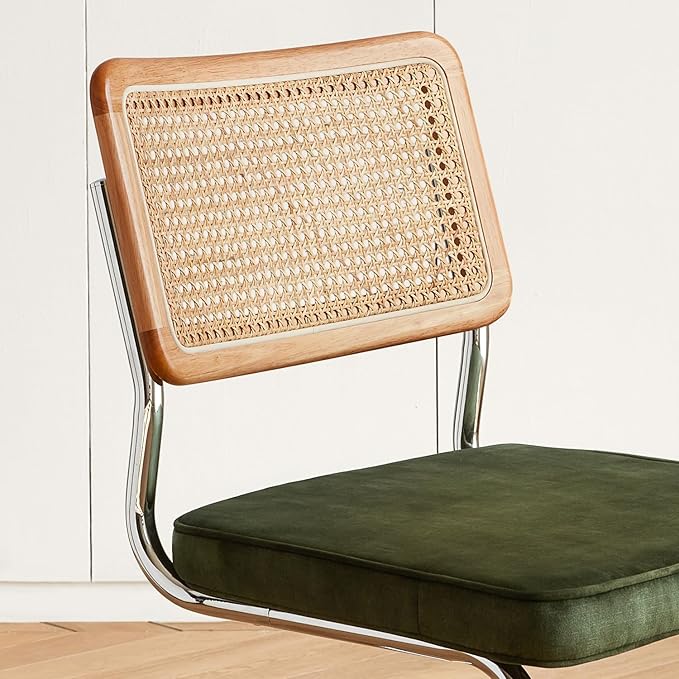 Green Rattan Dining Chairs Set of 2, Wooden Mid-Century Modern Kitchen Chairs, Mesh Back Cane Dining Room Chairs, Cesca Chair with Metal Chrome Legs