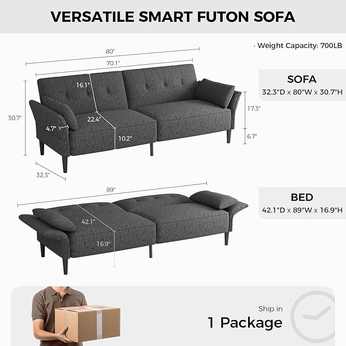 89” Futon Sofa Bed,Comfy Futon Couch Bed with 2 Square Pillows,Convertible Sleeper Sofa with Adjustable Backrest& Armrests, Modern Loveseat Sleeper for Living Room, Bedroom, Linen Dark Gray