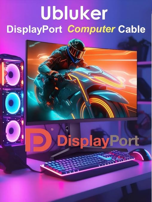 Ubluker 10K 8K DisplayPort 2.1 Cable 54Gbps 8 FT, Certified DP to DP Cord 4K 240Hz 165Hz 144Hz 120Hz 10K 8K 120Hz Nylon Braided UHBR HDCP2.3 FreeSync G-Sync RTX5090 Gaming Monitor PC Projector